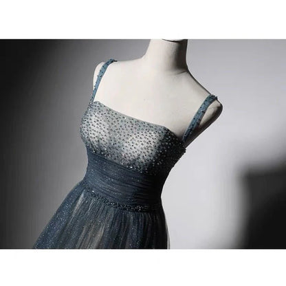 Blue Ombre Spaghetti Straps Prom Dress With Gold Glitter Corset Evening Gown
