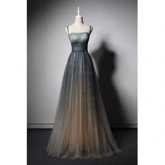 Blue Ombre Spaghetti Straps Prom Dress With Gold Glitter Corset Evening Gown