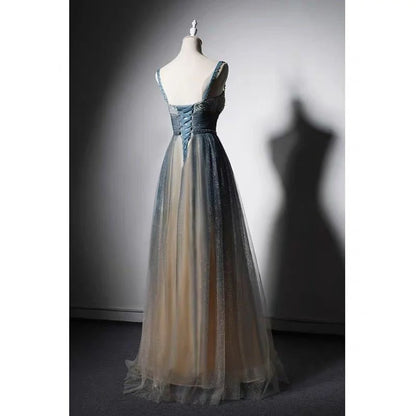 Blue Ombre Spaghetti Straps Prom Dress With Gold Glitter Corset Evening Gown