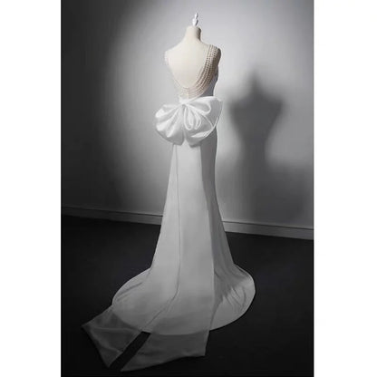 Simple Lace Boho Mermaid Wedding Dress With Pearl Chains