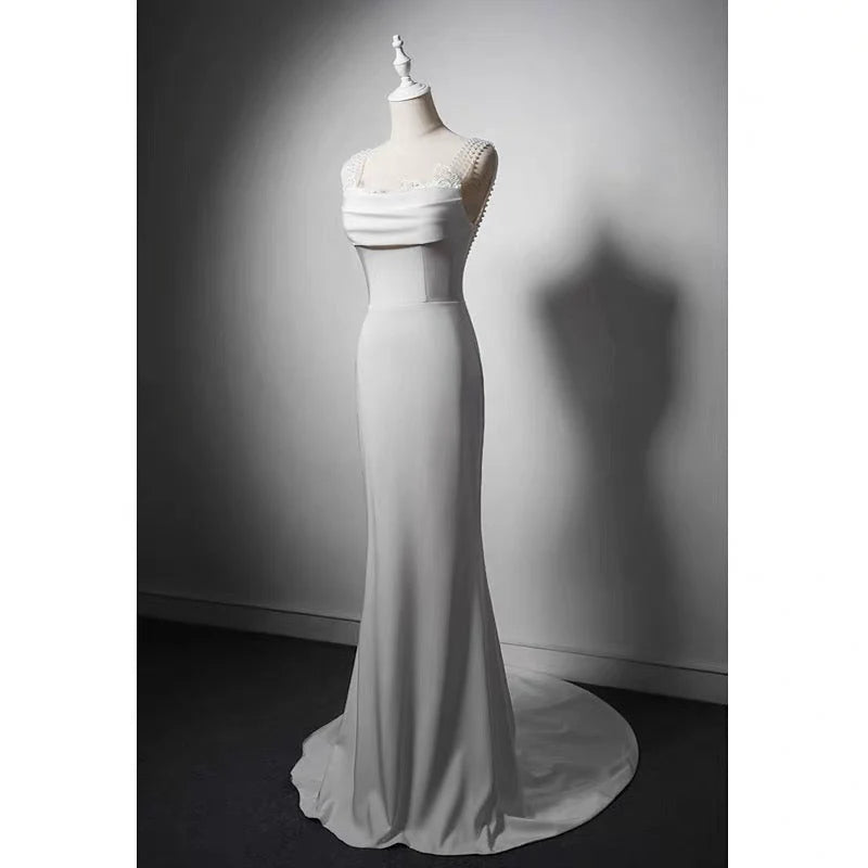 Simple Lace Boho Mermaid Wedding Dress With Pearl Chains