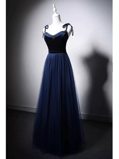 Navy Blue Velvet Evening Gown with Tulle  Navy Off-Shoulder Dress with Corset Back
