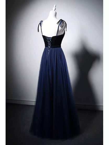 Navy Blue Velvet Evening Gown with Tulle  Navy Off-Shoulder Dress with Corset Back