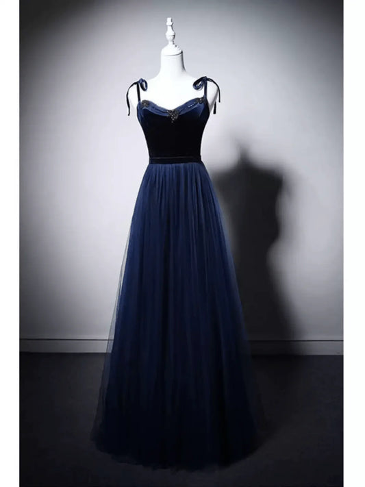 Navy Blue Velvet Evening Gown with Tulle  Navy Off-Shoulder Dress with Corset Back