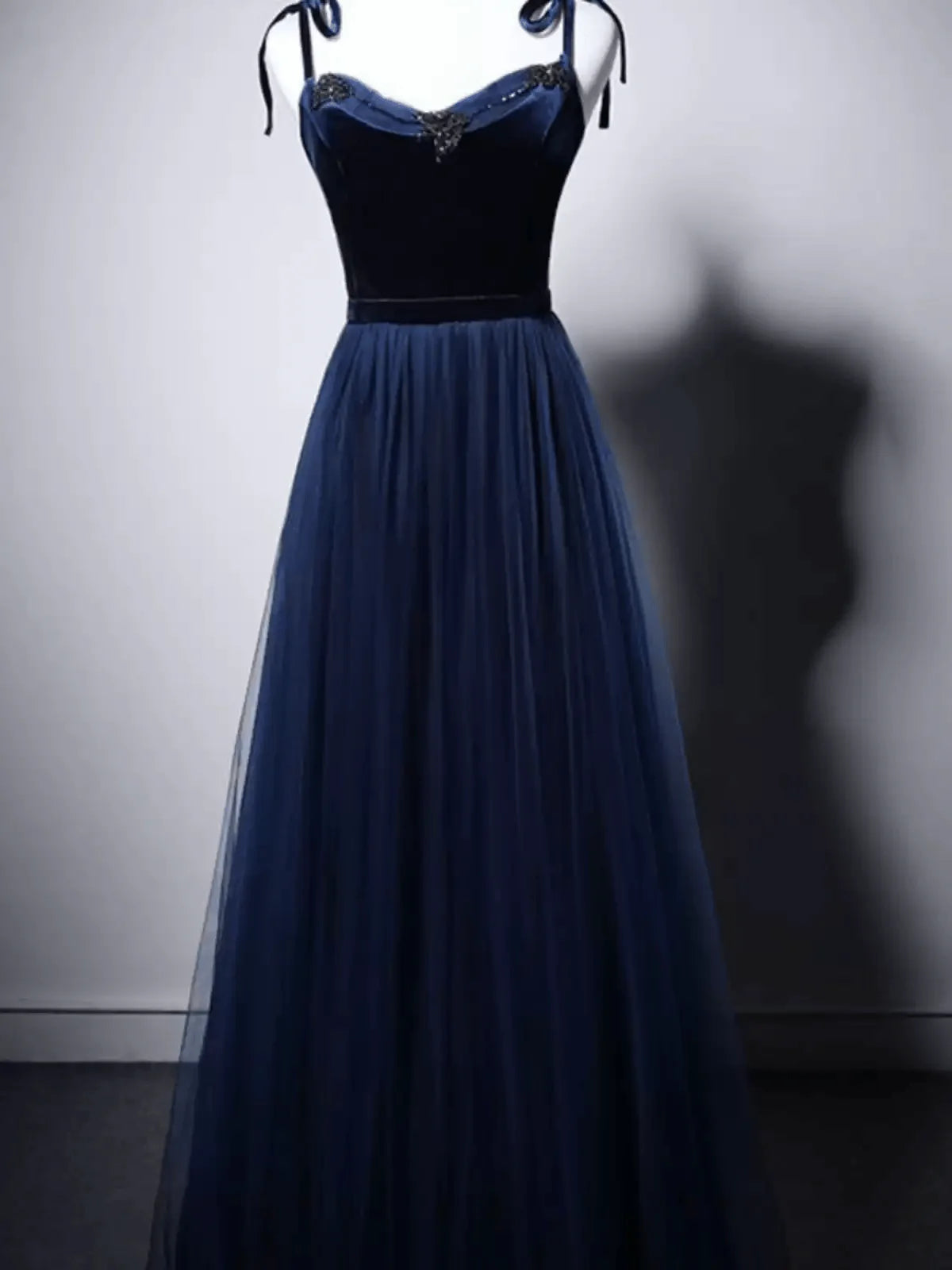 Navy Blue Velvet Evening Gown with Tulle  Navy Off-Shoulder Dress with Corset Back