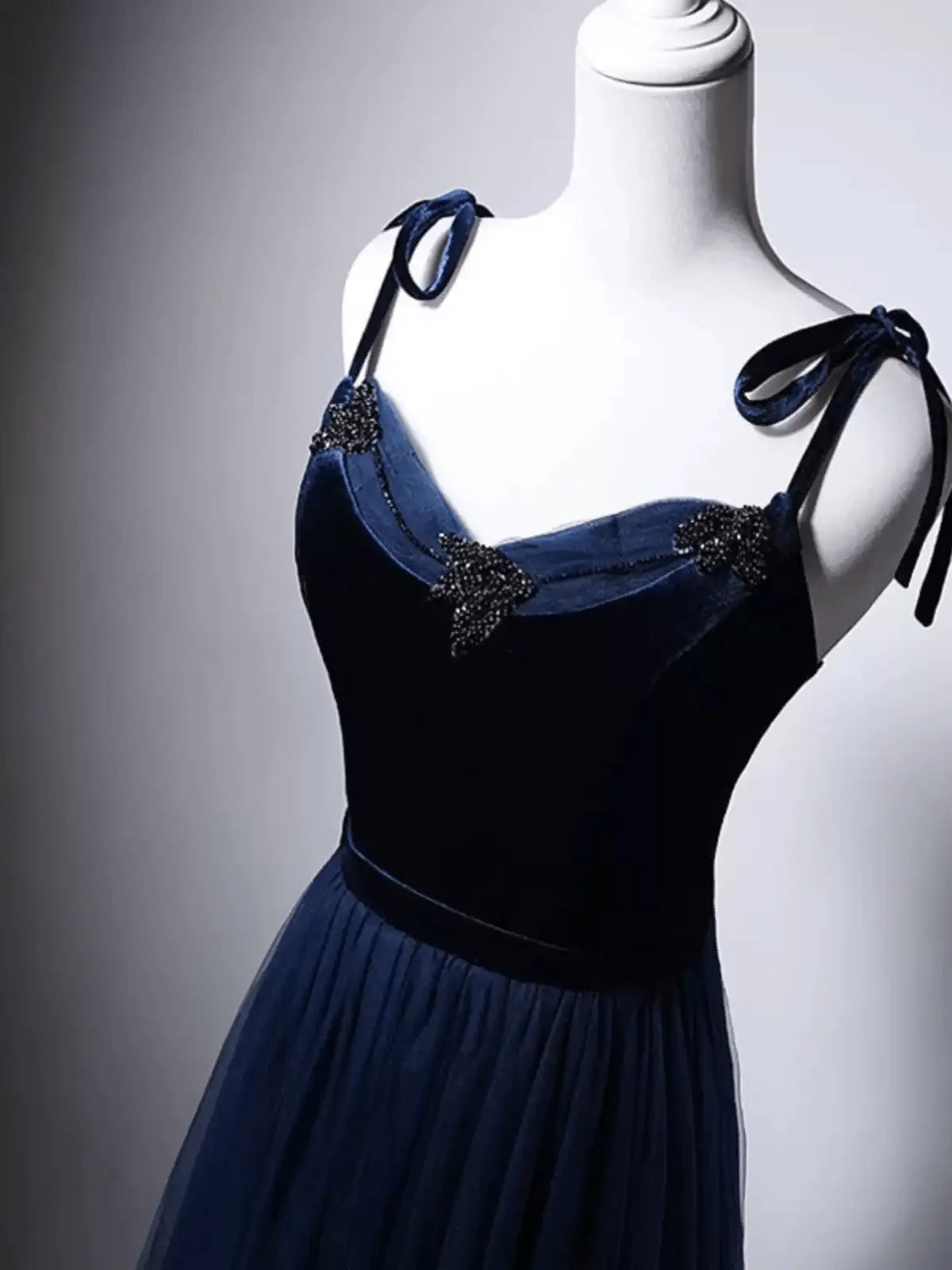 Navy Blue Velvet Evening Gown with Tulle  Navy Off-Shoulder Dress with Corset Back