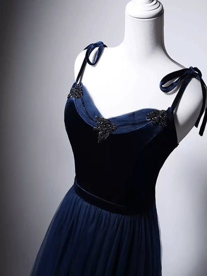 Navy Blue Velvet Evening Gown with Tulle  Navy Off-Shoulder Dress with Corset Back