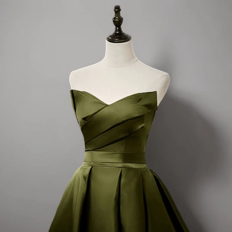 Olive Green Evening Dress with Waist Tie Satin Strapless Wedding Dress
