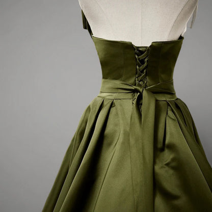 Olive Green Evening Dress with Waist Tie Satin Strapless Wedding Dress