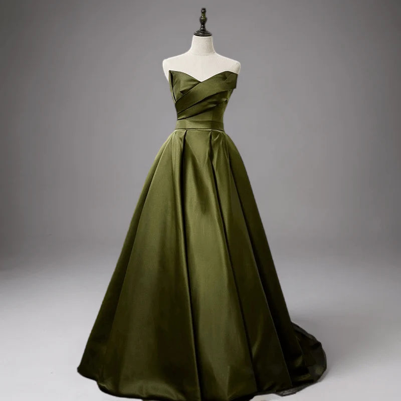 Olive Green Evening Dress with Waist Tie Satin Strapless Wedding Dress