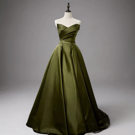 Olive Green Evening Dress with Waist Tie Satin Strapless Wedding Dress