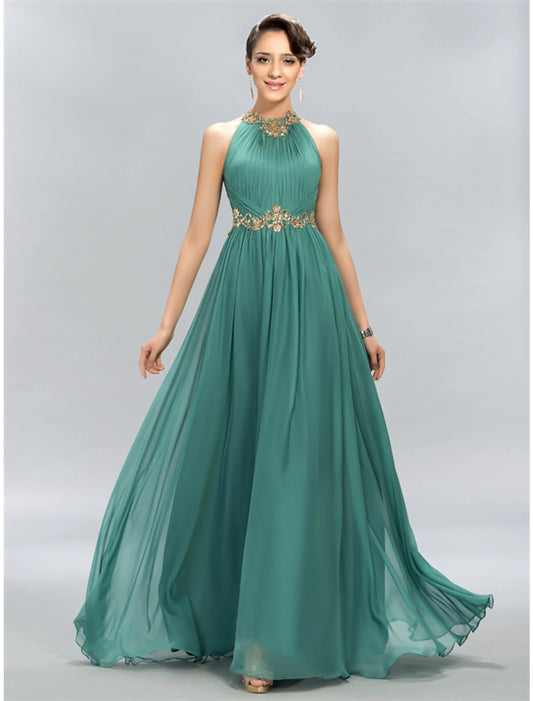 A-shaped wedding guest dress elegant and generous party attire wedding party and floor length sleeveless neck hanging chiffon pleated decorative stickers