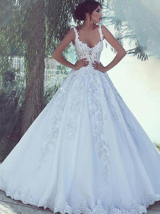 Ball Gown Scoop Sleeveless Brushed Lace Satin Wedding Dress