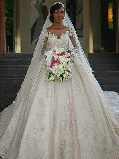 Ball Gown Bateau Long sleeved and floor length applique satin wedding dress