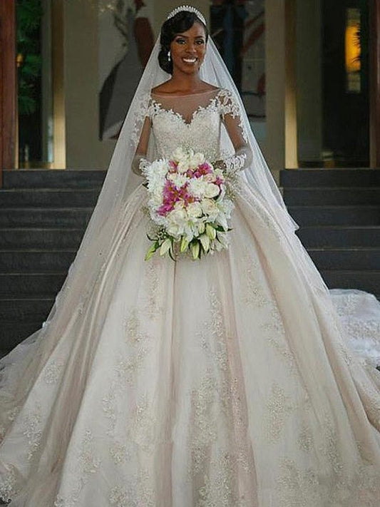 Ball Gown Bateau Long sleeved and floor length applique satin wedding dress