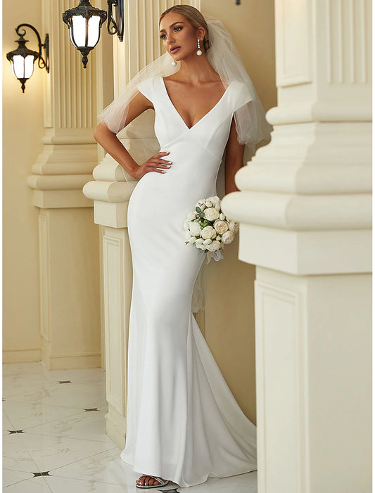 Minimalist Wedding Dress Fishtail/Small V-neck Cap Sleeves Sweeping Elastic Fabric Bridal Dress Hanging Solid Color