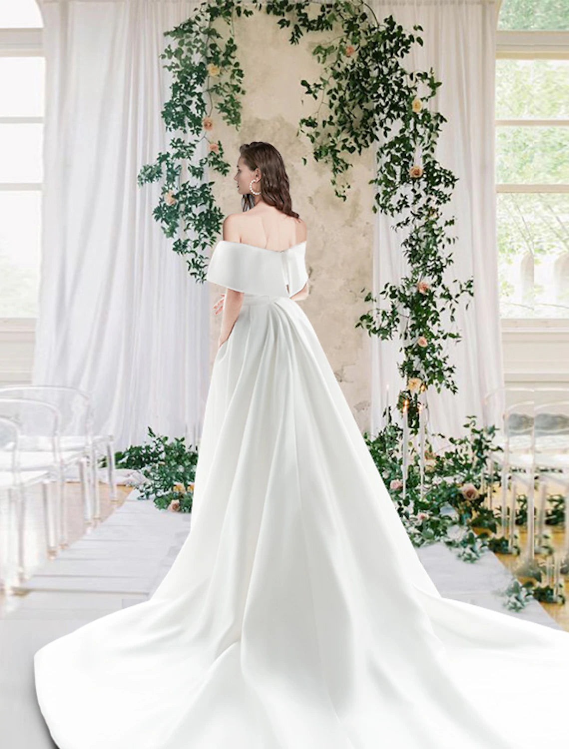 Leisure Wedding Dress Tight Pillar Off Shoulder Cap Sleeves Church Tailed Satin Bridal Dress with pleats