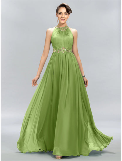 A-shaped wedding guest dress elegant and generous party attire wedding party and floor length sleeveless neck hanging chiffon pleated decorative stickers