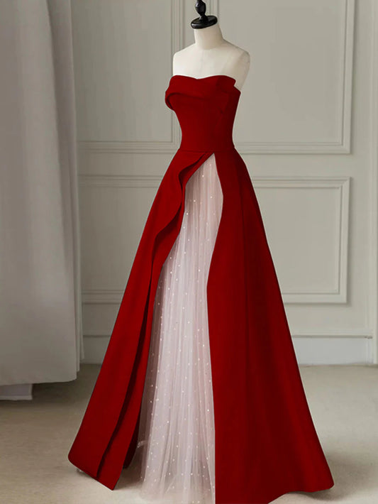 Aline Burgundy Satin Long Evening Dress Burgundy Formal Dress