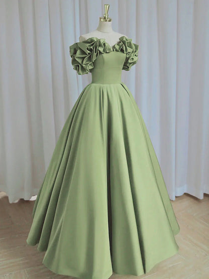 A-Line off Shoulder Satin Green Long Prom Dress Green Prom Dresses