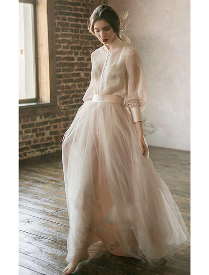 Two piece party dress minimalist wedding guests elegant and elegant dinner birthday dress stand up collar long sleeves and floor chiffon layers