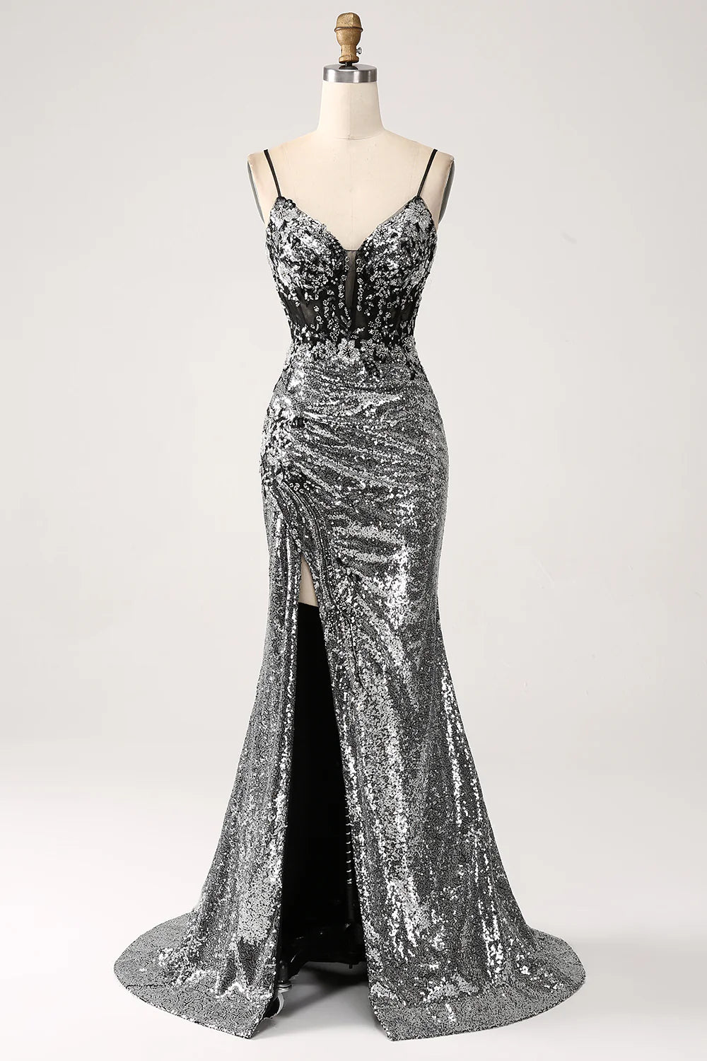 Black sparkling mermaid spaghetti strap tight corset split ball dress