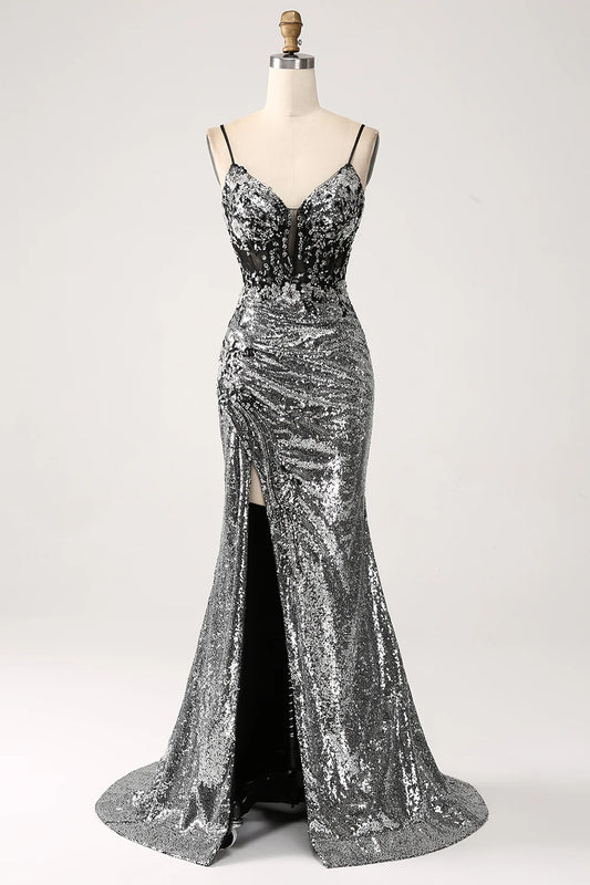 Black sparkling mermaid spaghetti strap tight corset split ball dress
