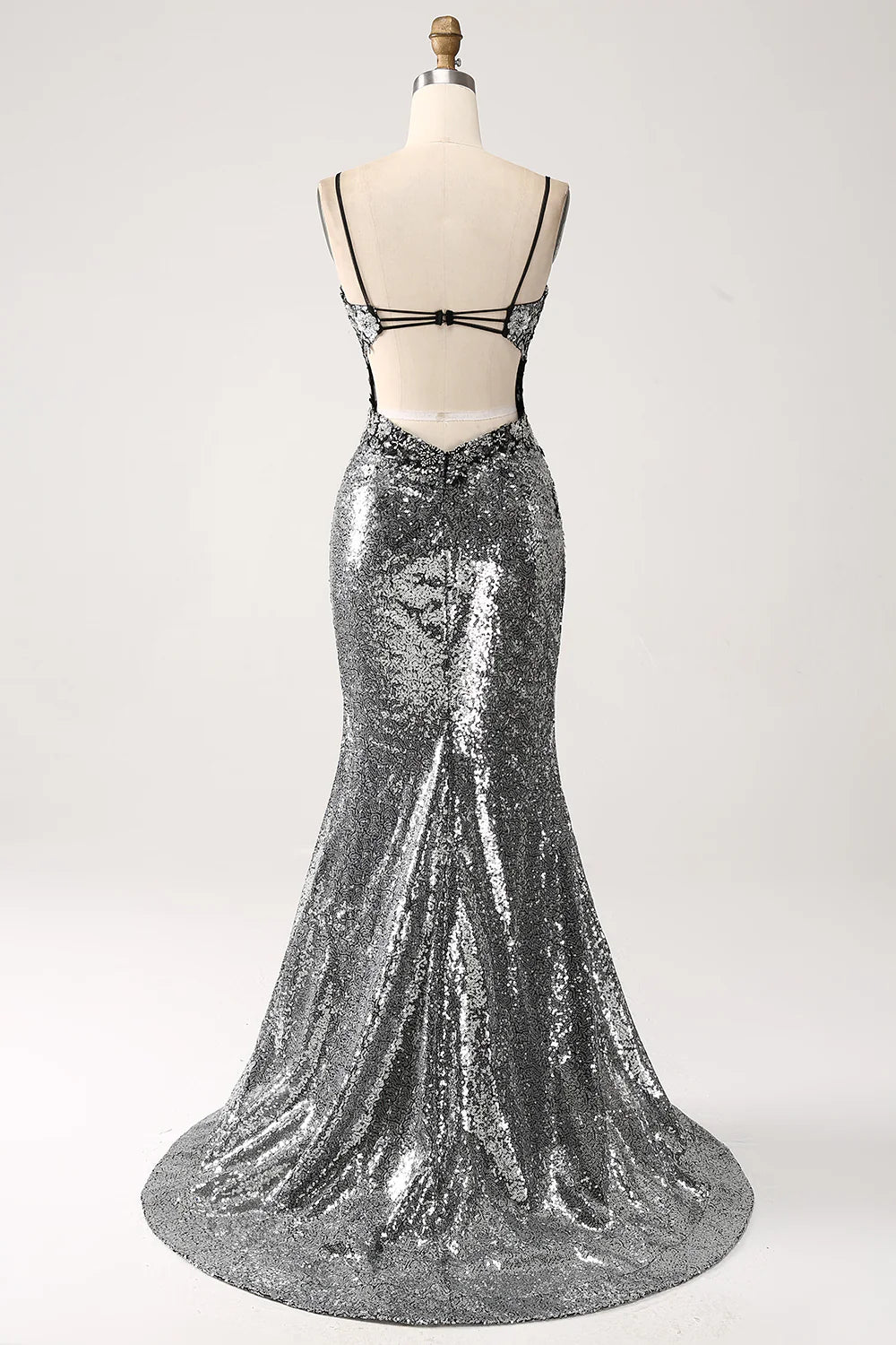 Black sparkling mermaid spaghetti strap tight corset split ball dress