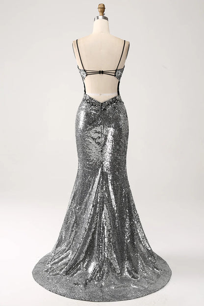 Black sparkling mermaid spaghetti strap tight corset split ball dress