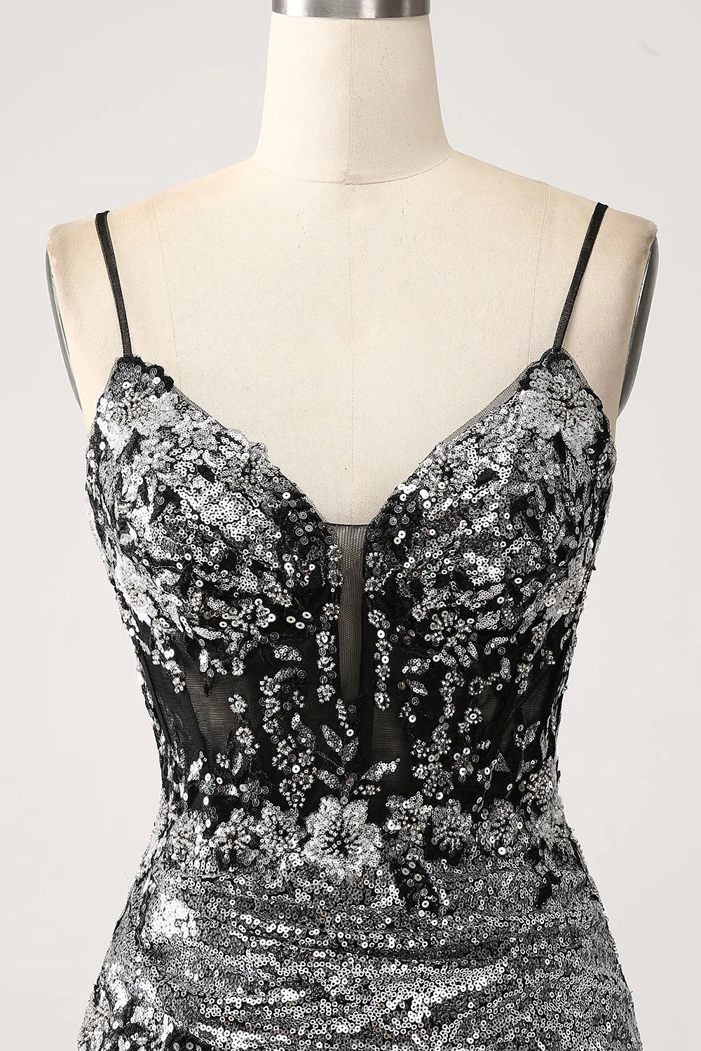 Black sparkling mermaid spaghetti strap tight corset split ball dress