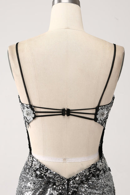 Black sparkling mermaid spaghetti strap tight corset split ball dress