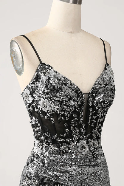 Black sparkling mermaid spaghetti strap tight corset split ball dress