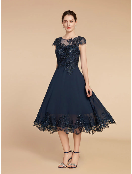 A-line Bride Mom Dress Wedding Guests Retro Low Round Neck Tea Long Lace 3/4 Long Sleeves with Sequin Stickers