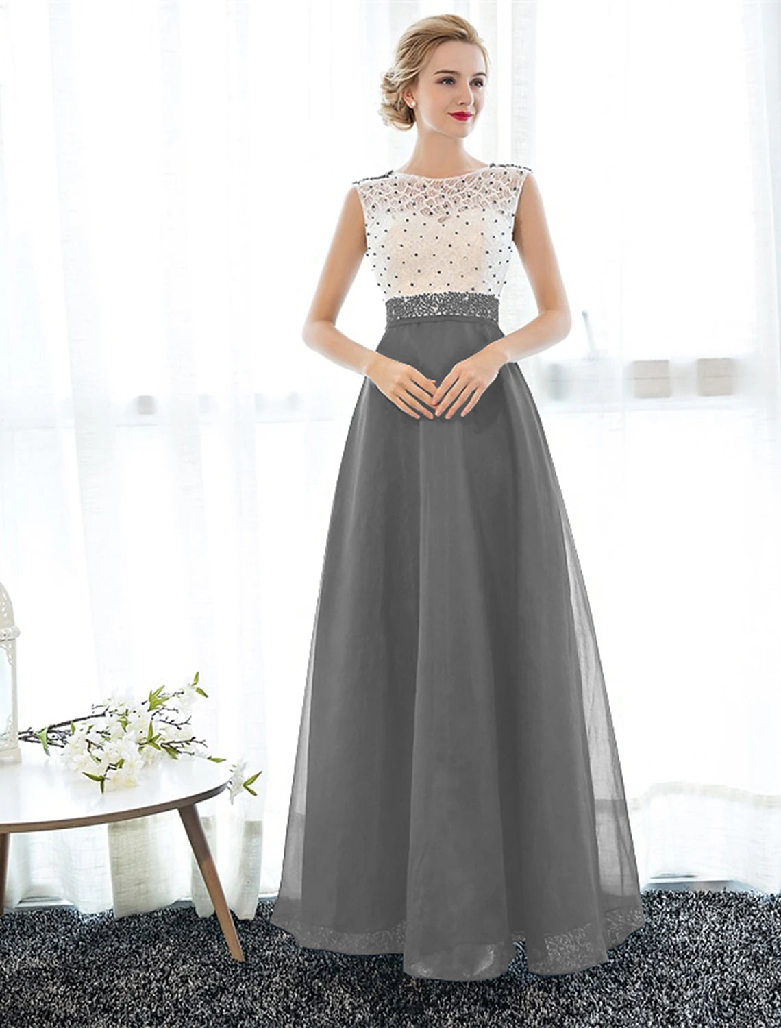 A-line Elegant Wedding Guest Ball Dress with Floor Length Sleeveless Phantom Neckline Lace Beads