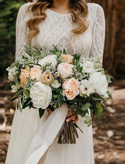 Beach backless bohemian style wedding dress A-line low round neck long sleeved brush lace bridal dress with pleats