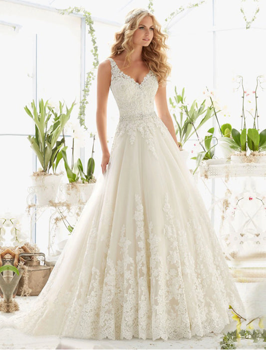Engagement Backless Sexy and Elegant Formal Wedding Dress A-line V-neck Sleeveless Palace Trail Lace Bridal Dress