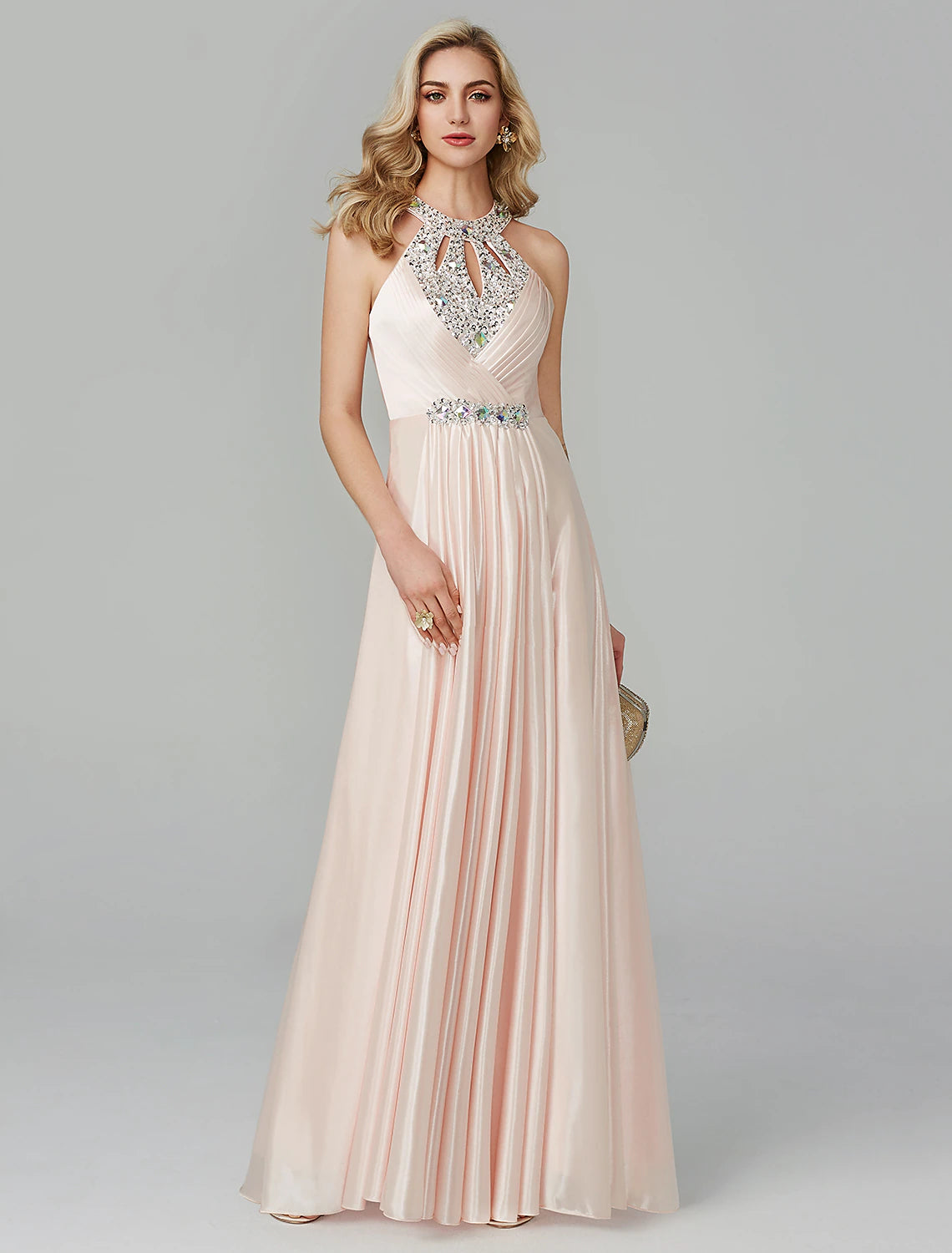 A-shaped formal dress, party attire, wedding guests, floor to ceiling long neckline, silk exposed shoulder strap, crystal sequins