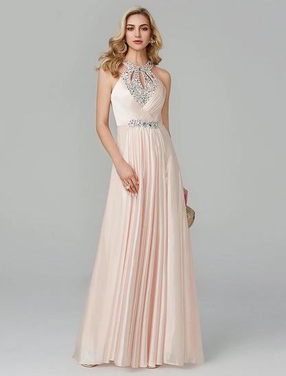 A-shaped formal dress, party attire, wedding guests, floor to ceiling long neckline, silk exposed shoulder strap, crystal sequins