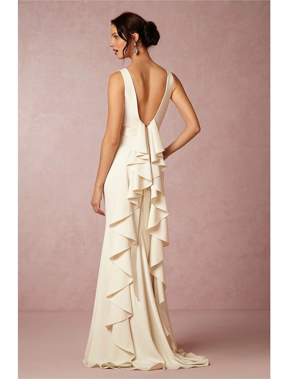 Backless minimalist wedding dress with tight columns, low round neckline, velvet tail, elastic fabric, bridal dress, pendant, summer wedding party