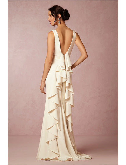 Backless minimalist wedding dress with tight columns, low round neckline, velvet tail, elastic fabric, bridal dress, pendant, summer wedding party
