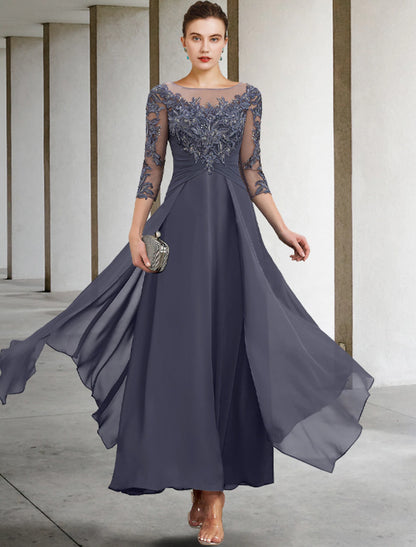A-shaped Bride Mom Dress Wedding Guests Elegant and Minimalist Jewelry Collar and Ankle Chiffon Lace 3/4 Long Sleeves with Folded Sequin Stickers