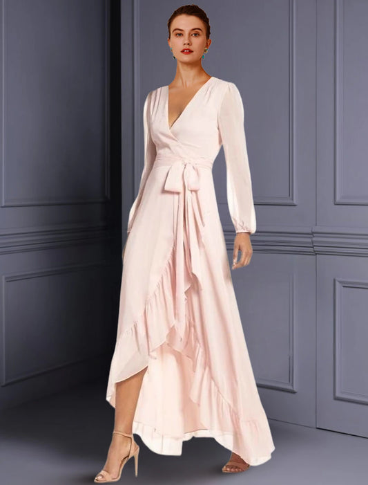 A-shaped Bride Mom Dress Wedding High Low V-neck Asymmetric Tea Long Chiffon Long Sleeve Fold Front Split