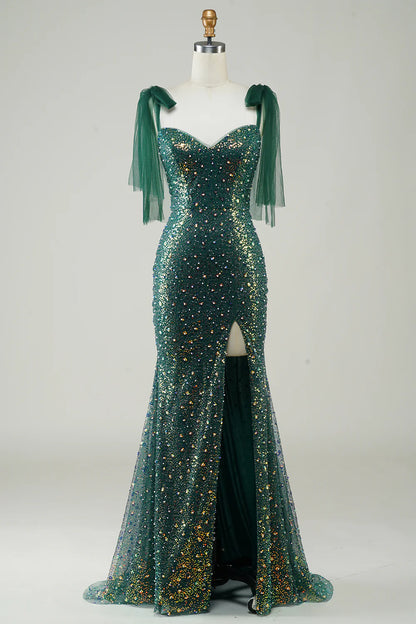 Sparkling dark green slim fit mermaid sequin long slit ball dress