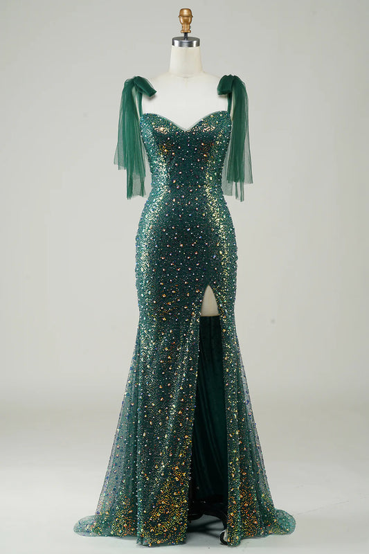 Sparkling dark green slim fit mermaid sequin long slit ball dress