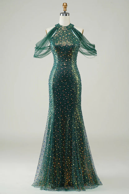 Sparkling, elegant, dark green sequined mermaid long dance dress
