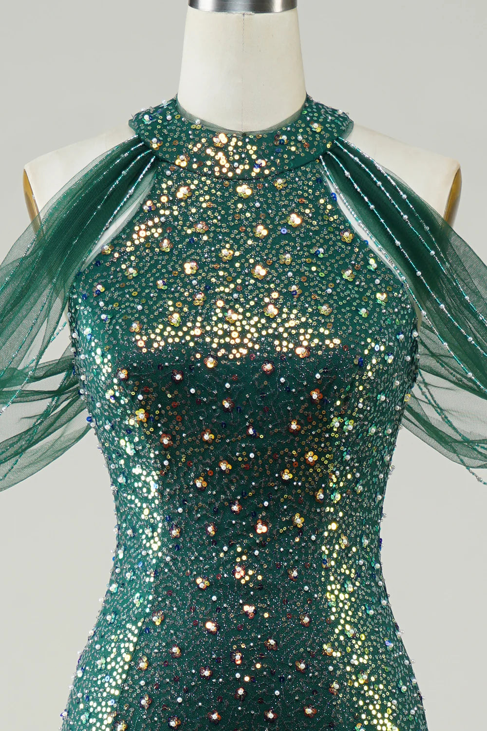 Sparkling, elegant, dark green sequined mermaid long dance dress