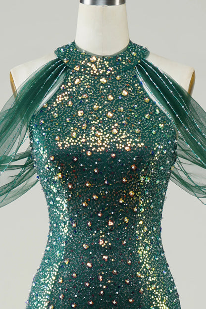 Sparkling, elegant, dark green sequined mermaid long dance dress