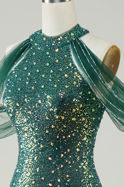 Sparkling, elegant, dark green sequined mermaid long dance dress