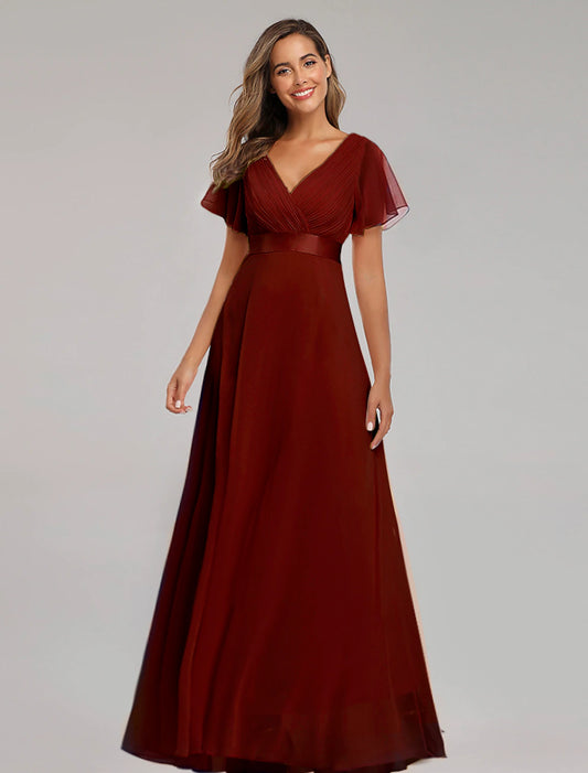 A-shaped ball dress autumn wedding guest dress bridesmaid floor to ceiling long and short sleeved V-neck chiffon V-back strap pleated ruffle edge
