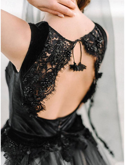 Beach Bohemian style black wedding dress with square neck, thin shoulder strap, sleeveless lace, bride dress with sticker pattern